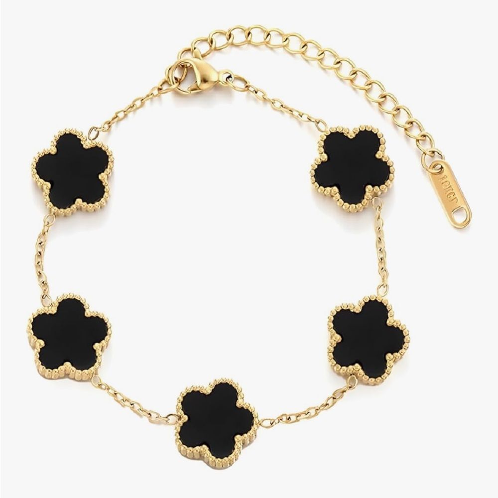 18K Gold Dainty Four Leaf Clover Charm Bracelet Black Van Cleef Alhambra Style